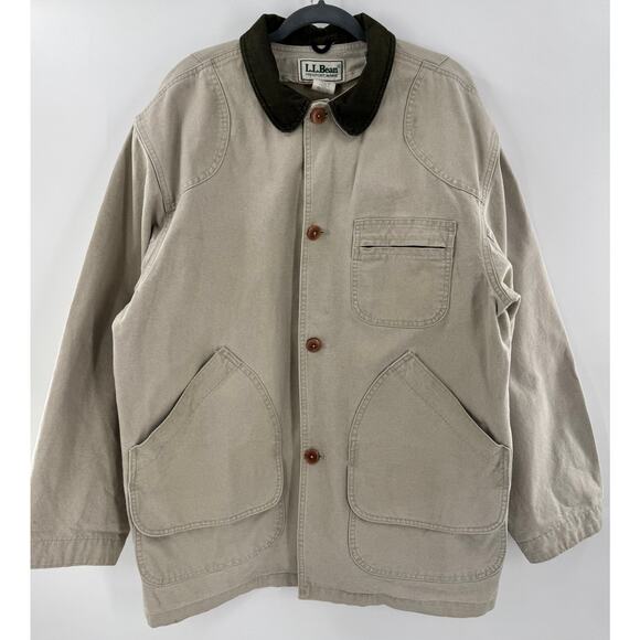 Vintage LL Bean Mens Barn Coat Chore Jacket Beige Tan Canvas Cotton Large 70-80s - Picture 1 of 7